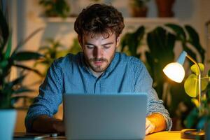 Focused Man Working on Laptop at Night in Cozy Home Office Setting. Concentrated Person Working Late, illuminated by a desk lamp. photo