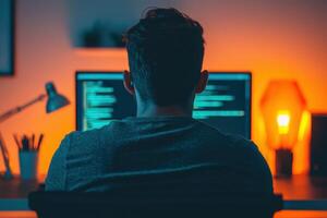 Night coder working on a software project. A programmer is hunched over their computer, illuminated by the glow of the screen. The photo