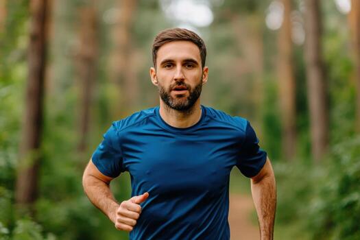 A Determined Runner in a Forest A Captivating Image of Fitness and Nature photo