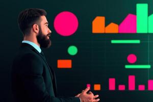 Confident Businessman Presenting Financial Data and Growth Charts. Strategic Planning, Investment, and Market Analysis for Busines photo