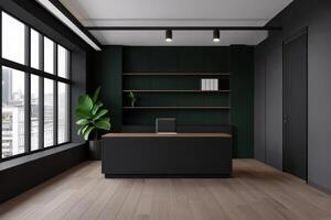 Modern Office Interior Design Minimalist Desk, Dark Walls, and City View. A sophisticated and stylish workspace with elegant deta photo
