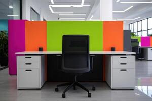 Modern Office Interior Design Vibrant Workspace with Colorful Partitions and Ergonomic Furniture photo