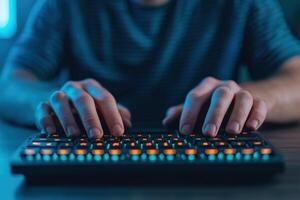 of illuminated keyboard, gamer hands typing, illuminated keys glowing in the night. Gaming, technology, digital world concept. photo
