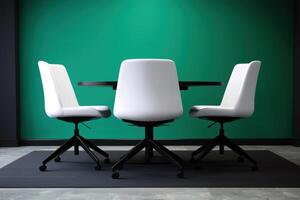 Modern Office Interior Minimalist White Chairs and Table against a Green Wall. Clean, stylish, and professional workspace design. photo