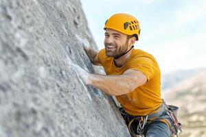Climber scaling a rock face, showcasing strength, determination, and the thrill of conquering nature's challenges. An adventurous photo