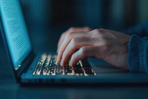 of Hands Typing on Laptop Keyboard, Illuminated Keys, Digital Work, Technology, Communication, Internet, Business, Modern Workplac photo