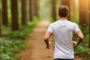 Runner in a Forest A Stunning Image of an Athlete Jogging on a Trail. This photo captures the essence of fitness, nature and healt
