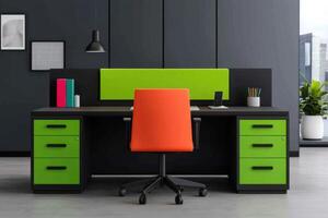 Modern Office Interior Design Stylish Workspace with Green and Black Desk, Orange Chair, and Minimalist Decor photo