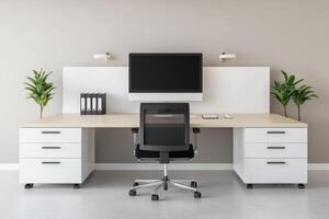Modern Minimalist Home Office Workspace Clean Design, Stylish Furniture, and Efficient Setup photo