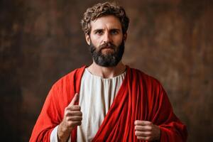 A captivating portrait of Jesus Christ, embodying faith and spirituality. His red robe and thoughtful expression evoke a sense of photo