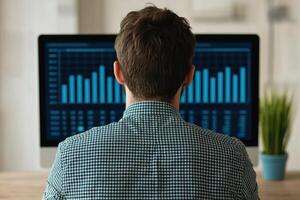 A Business Analyst Studying Market Data Charts and Graphs on a Computer Screen. Financial Investment and Trade Strategy Planning photo