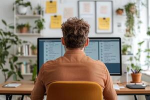A man working from home in a comfortable and productive workspace, surrounded by plants and technology. This image depicts a moder photo