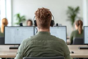 Back view of a customer service operator in a headset, working at a computer in a modern office. Providing customer support and as photo