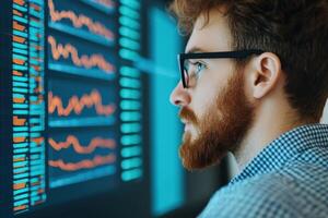 Focused businessman analyzing data charts on a large screen. Business intelligence, market analysis, financial data, stock market, photo