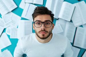 Overwhelmed Student Surrounded by Books and Papers A Portrait of Academic Stress photo