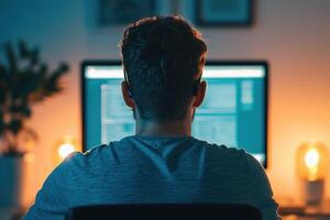 Focused Programmer Working Late at Night A Captivating Image of a Software Developer Immersed in their Work, Illuminated by Warm D photo
