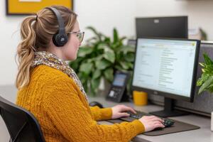 Focused businesswoman working on computer in modern office. She wears headphones and a yellow sweater, showcasing professionalism photo