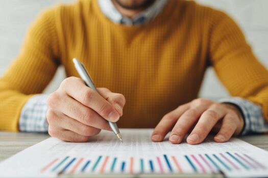 of a person reviewing financial charts and graphs, analyzing data for business planning and strategy. A visual representation of photo