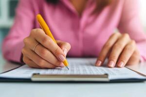 of a woman's hand meticulously reviewing financial documents. A scene of focused work, highlighting details and precision in busi photo