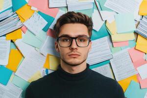 Overwhelmed Student A Portrait of Stress and Exhaustion Amidst a Sea of Papers photo