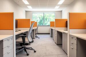 Modern Office Interior Design Stylish and Functional Workspace with Orange Cubicles and Grey Desks. A Clean, Efficient, and Comfo photo
