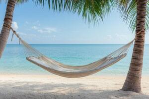 Serene Hammock on Tropical Beach Relaxing Summer Vacation Getaway. Escape to Paradise, Idyllic Coastal Scene, Tranquil Ocean View. photo