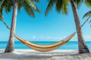 Escape to Paradise Relaxing Hammock on a Tropical Beach. Picture perfect summer vacation getaway, serene ocean view, peaceful tro photo