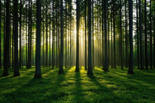 Sunlit Forest Path A Serene Nature Escape. Discover the tranquility of a sun dappled forest, where sunlight streams through ancien photo