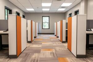Modern Office Interior Design Contemporary Cubicles and Workspace. Clean lines, stylish partitions, and a bright, functional layou photo