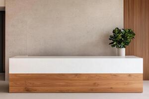 Modern Minimalist Reception Desk Design Clean Lines, Natural Materials, and Elegant Style. A contemporary interior design with a photo