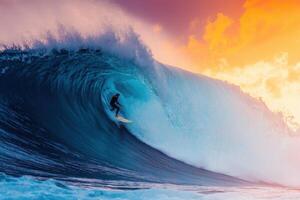 Epic Surfing Moment Riding a Giant Wave at Sunset. Adrenaline pumping action and breathtaking colors of nature. A true testament t photo