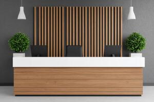 Modern Reception Desk Contemporary Office Interior Design. Clean lines, elegant wood, and minimalist aesthetic create a profession photo