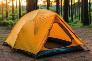 Camping Adventure A Serene Escape in the Forest. Discover the tranquility of nature with this stunning image of a tent nestled ami photo