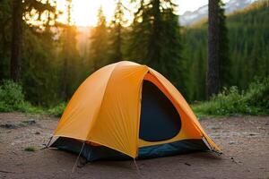 Camping Adventure A Serene Escape in the Majestic Forest. Discover the tranquility of nature with this stunning sunrisesunset view photo