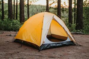 Camping Adventure A Serene Escape in the Forest. Discover tranquility amidst towering trees and breathtaking scenery. Perfect for photo