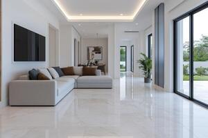 Modern Luxury Living Room Interior Design Elegant Space with Marble Floors and Sectional Sofa. A sophisticated, minimalist home d photo