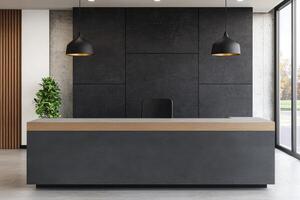 Modern Reception Desk Contemporary Office Interior Design. Minimalist Workspace with Elegant Decor, Clean Lines, and Sophisticated photo