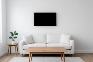 Modern Minimalist Living Room Interior Design White Sofa, Wooden Coffee Table, and Simple Decor. A Clean, Bright, and Cozy Space P photo