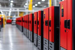 Red Industrial Cabinets in a Modern Factory Setting A Glimpse into High Tech Manufacturing and Automation photo