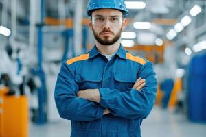 Portrait of a Confident Industrial Worker in a Factory Setting A Symbol of Modern Manufacturing and Technological Advancement photo