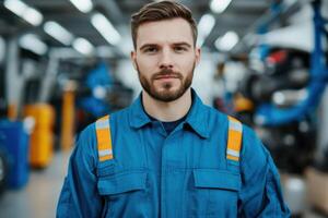 Portrait of a Confident Industrial Worker A Skilled Mechanic in a Blue Uniform, Hard at Work in a Modern Factory Setting. He Repr photo