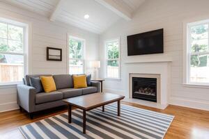 Modern Living Room Interior Design Cozy Fireplace, Comfortable Sofa, and Large Windows. Bright, Clean, and Simple Style with Elega photo