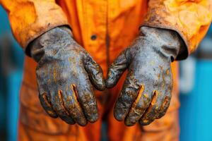 of Dirty Work Gloves A Gritty Image Representing the Hard Work and Dedication of Industrial Workers. The image showcases the textu photo