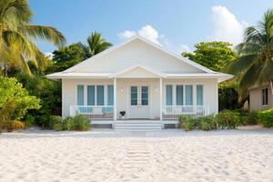 Beachfront Tropical House Luxurious Vacation Home on the Coast. Idyllic Summer Getaway, White Villa with Palm Trees, Scenic Ocean photo