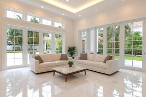 Luxury Home Interior Design Modern Living Room with Marble Floor, Large Windows, and Elegant White Sofas. Bright, Clean, Minimalis photo