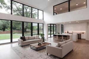 Modern Open Plan Home Interior Design Luxurious Living Room with Stunning Natural Light and Breathtaking Backyard Views. Experien photo