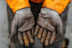 of Dirty Work Gloves A Testament to Hard Labor and Resilience in Industry. The image showcases the hands of a worker, stained with photo