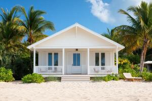 Beachfront Tropical House Luxurious Vacation Home in Paradise. A stunning white house with palm trees on a pristine beach, offeri photo