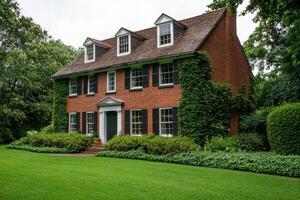 Majestic Brick House with Lush Greenery A Classic Architectural Masterpiece. This elegant home features a traditional design, mani photo