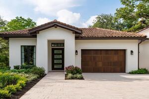 Luxury Mediterranean Style Home Modern Architecture, Elegant Exterior, Landscaped Garden, Spacious Garage, and Inviting Entrance. photo